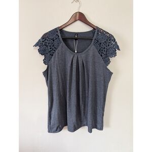 Automet Navy Blue Lace Cap Sleeve Stretchy Blouse Top Size XL